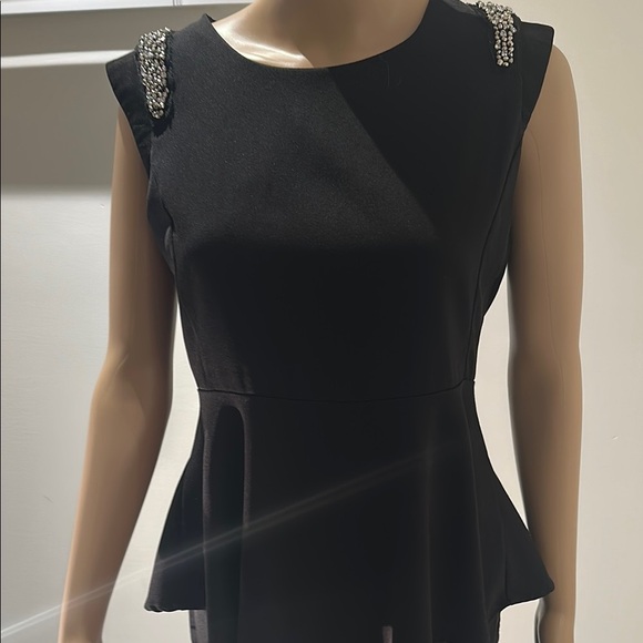 Black Sleeveless Peplum Blouse with Embellished Shoulders - Picture 3 of 7